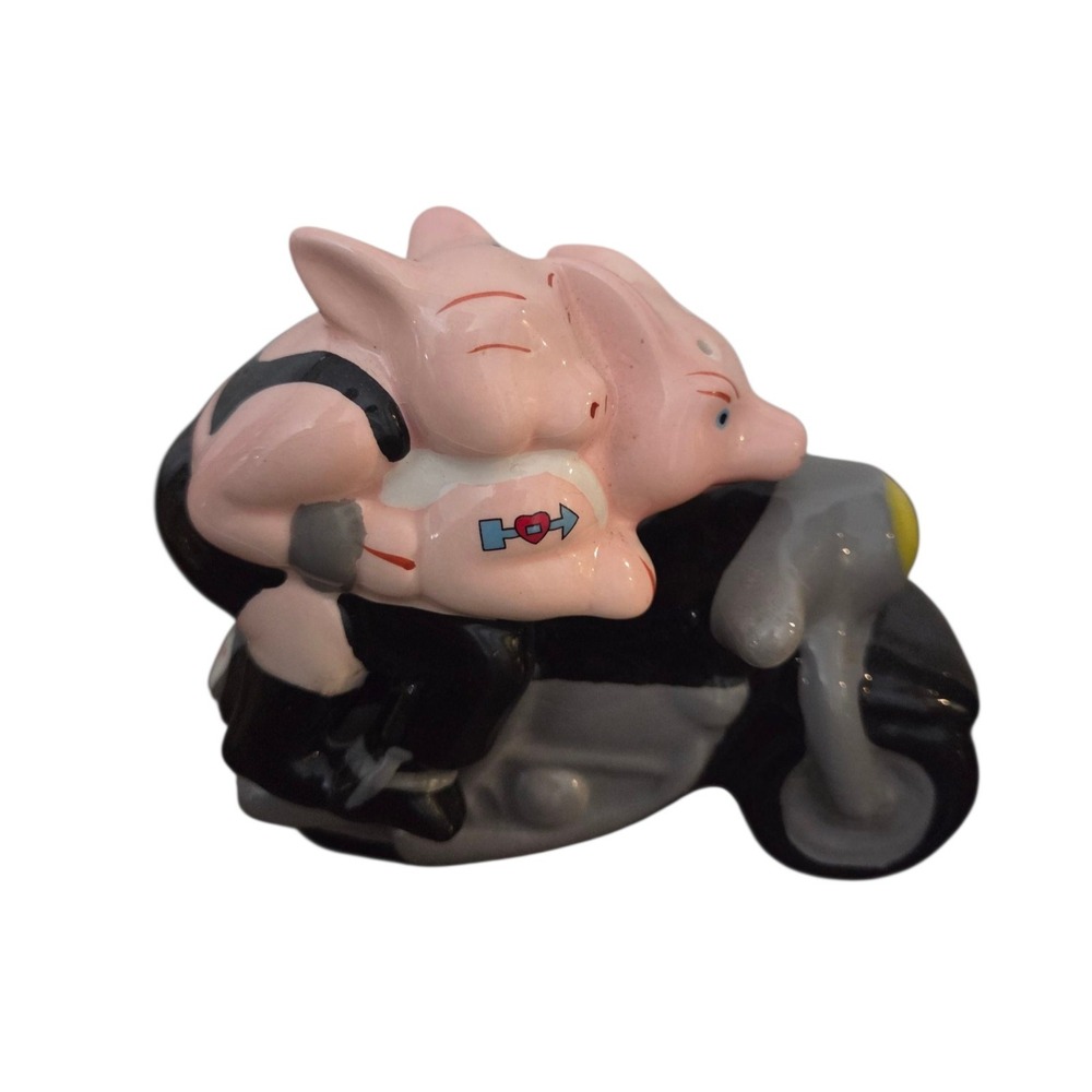 Tattooed Biker Pink Pigs Hogs on Motorcycle Salt & Pepper Shakers Ceramic Lovers